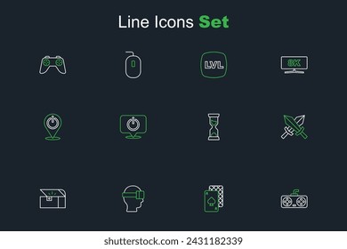 Set line Game controller or joystick, Playing cards, Virtual reality glasses, Chest for game, Sword, Old hourglass, Power button and  icon. Vector