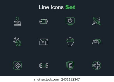 Set Line Game Controller oder Joystick, Schachschild, Tragbare Video-Spielekonsole, Zielsport, Virtual-Reality-Brille, Brust für und Würfel-Symbol. Vektor