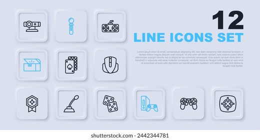 Set line Game Controller oder Joystick, Zielsport, Spielkarten, Konsole mit, Brust für Spiel, Mikrofon, VR und Würfel-Symbol. Vektor