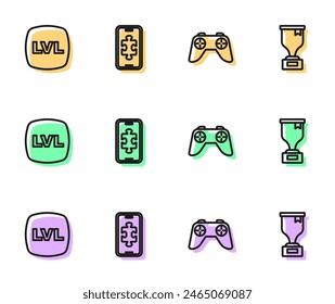 Set line Game controller or joystick, Level game, Mobile gaming and Award cup icon. Vector
