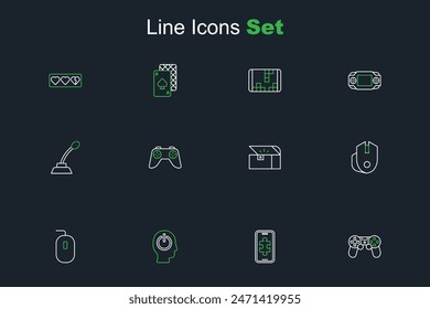 Set line Game controller or joystick, Mobile gaming, Power button, Computer mouse, Chest for game,  and Microphone icon. Vector