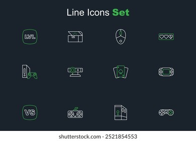 Definir linha Controlador de jogo ou joystick, Caso de computador, VS Versus batalha, console portátil de videogame, Playing cards, Web camera e com ícone. Vetor