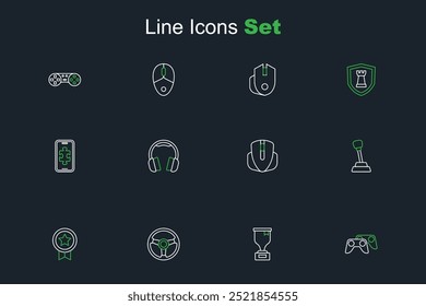 Set line Game controller or joystick, Award cup, Racing simulator, rating with medal, Gear shifter, Computer mouse, Headphones and Mobile gaming icon. Vector