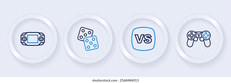 Set line Game controller or joystick, VS Versus battle, dice and Portable video game console icon. Vector