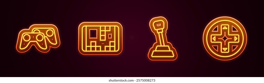 Set line Game controller or joystick, Portable video game console, Gear shifter and . Glowing neon icon. Vector