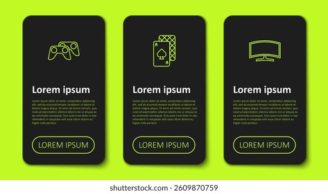 Set line Game controller or joystick, Playing cards and Computer monitor. Business infographic template. Vector