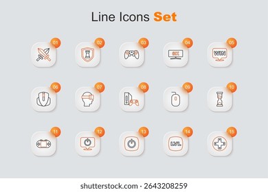 Set line Game controller or joystick, Level game, Power button, Portable video console, Old hourglass, Computer mouse and with icon. Vector