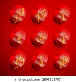 Set line Game dice, Amusement park billboard, Sun protective umbrella, Firework rocket, Hunt on rabbit with crosshairs, Tree, Castle and Bottle of water icon. Vector