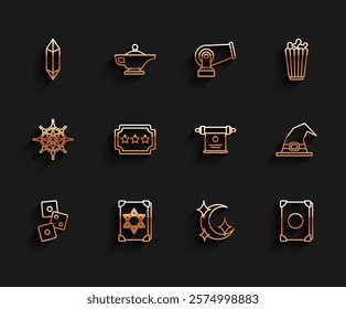 Set line Game dice, Ancient magic book, Magic stone, Moon and stars, Ticket, Witch hat and scroll icon. Vector