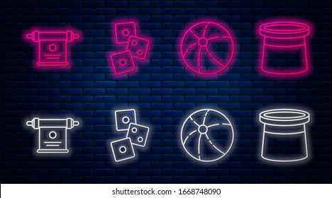 Set line Game dice, Beach ball, Magic scroll and Magician hat. Glowing neon icon on brick wall. Vector