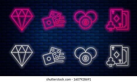 Set line Game dice, Billiard pool snooker 8 ball, Diamond and Playing card with diamonds. Glowing neon icon on brick wall. Vector