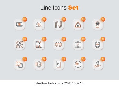 Set line Game dice, Billiard pool snooker ball, Playing cards, Table football, Board game and Time chess clock icon. Vector