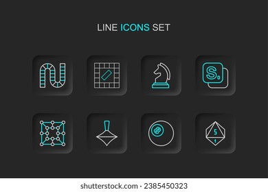 Fijar los dados de juego, la bola de billar de Billiard, el juguete Whirligig, el juego de mesa, el Bingo, el ajedrez y el icono. Vector