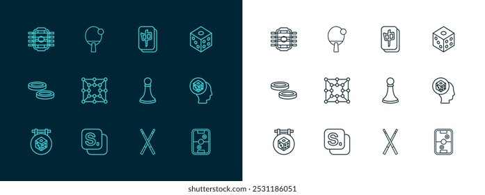 Set line Game dice, Bingo, Chess pawn, Crossed billiard cues, Board game, Mahjong pieces, Table football and Racket icon. Vector