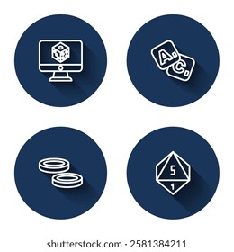 Set line Game dice, Bingo, Checker game chips and  with long shadow. Blue circle button. Vector