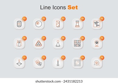 Set line Game dice, Board game, Dart arrow, Bingo, Whirligig toy, card and Chip for board icon. Vector