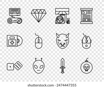Juego de dados, Bomba lista para explotar, Carrera simulador de cabina, Alien, consola con joystick, Ratón de ordenador, Espada para el juego y el icono de juego. Vector