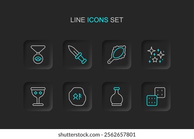 Set line Game dice, Bottle with potion, Magic runes, Medieval goblet, Magical glitter particles, hand mirror, Dagger and Medallion chain eye icon. Vector