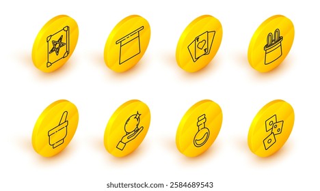 Set line Game dice, Bottle with love potion, Magic ball hand, mortar pestle, Magician hat rabbit ears, Playing cards,  and Ancient magic book icon. Vector