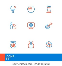 Set line Game dice, Bowling pin, Classic dart board and arrow, ball, Chess and Billiard pool snooker icon. Vector