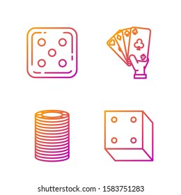 Set line Game dice, Casino chips, Game dice and Hand holding playing cards. Gradient color icons. Vector