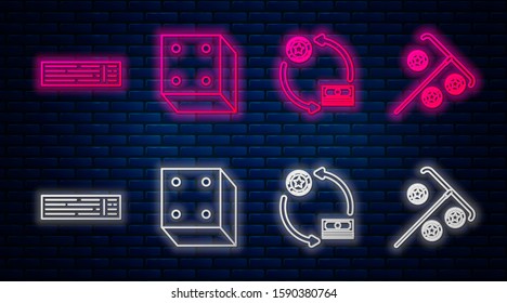 Set line Game dice, Casino chips exchange on stacks of dollars, Deck of playing cards and Stick for chips. Glowing neon icon on brick wall. Vector