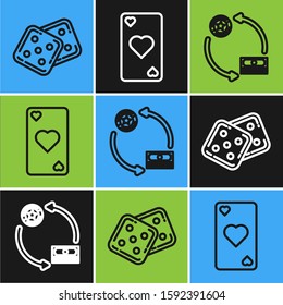Set line Game dice, Casino chips exchange on stacks of dollars and Playing card with heart symbol icon. Vector