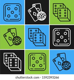 Set line Game dice, Game dice and Casino chip and playing cards icon. Vector
