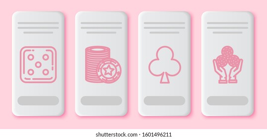 Set line Game dice, Casino chips, Playing card with clubs symbol and Hand holding casino chips. White rectangle button. Vector