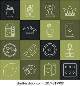 Set line Game dice, Casino dealer, Playing card with heart, poker trophy cup, Joker playing, Deck of cards, Champagne an bucket and Hand holding casino chips icon. Vector