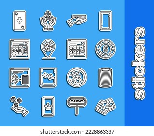 Set line Game dice, Casino chips, with dollar symbol, Hand holding deck of playing cards, location, Online slot machine, Playing clubs and lucky sevens jackpot icon. Vector