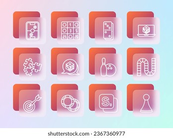 Set line Game dice, Casino chips, Bowling pin and ball, Bingo, Domino, Air hockey table and card icon. Vector