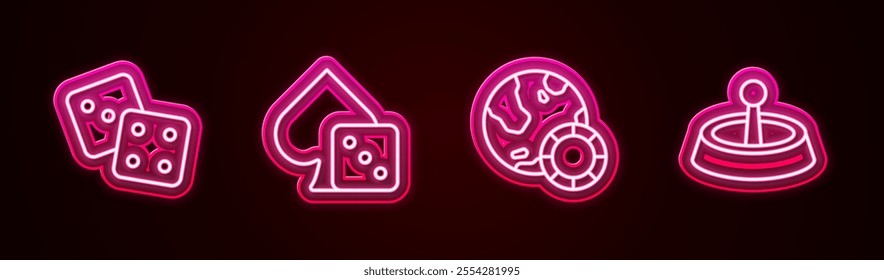 Set line Game dice, , Casino chips and roulette wheel. Glowing neon icon. Vector