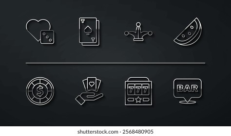 Set line Game dice, Casino chips, slot machine with watermelon, Slot jackpot, Hand holding playing cards, Playing spades, Alcohol bar location and Joker icon. Vector