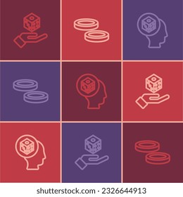 Set line Game dice,  and Checker game chips icon. Vector