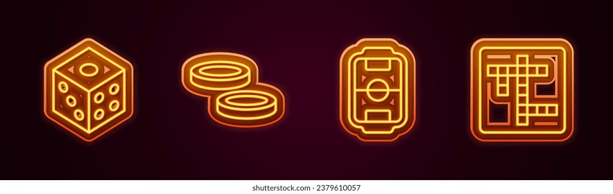 Set line Game dice, Checker game chips, Table football and Crossword. Glowing neon icon. Vector
