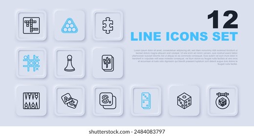 Set line Game dice, Chess pawn, Domino, Tic tac toe game, Bingo, Billiard balls triangle and  icon. Vector