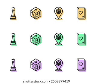 Set line Game dice, Chess,  and Playing cards icon. Vector