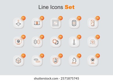 Set line Game dice, Chess, Checker game chips, Dart arrow and Casino icon. Vector