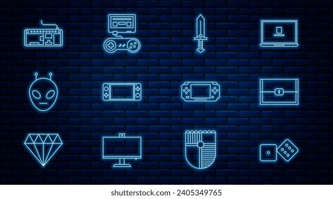 Set line Game dice, Chest for game, Sword, Portable video console, Alien, Computer keyboard,  and with joystick icon. Vector