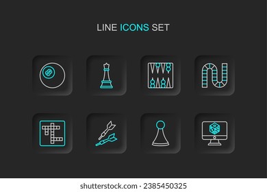 Set line Game dice, Chip for board game, Dart arrow, Crossword, Board, Backgammon, Chess and Billiard pool snooker ball icon. Vector