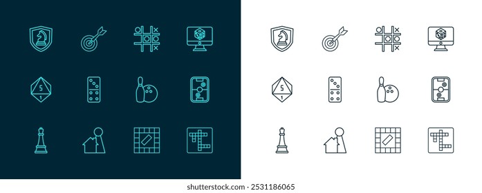 Juego de dados de juego de línea, chip para juego de mesa, bolos pin y bola, Tablero, Domino, Tic tac toe, ajedrez y clásico icono de flecha de dardo. Vector