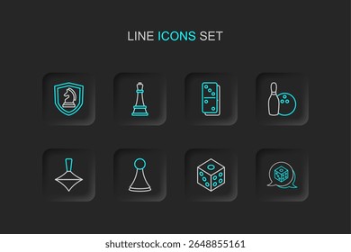 Set linha Dados do jogo, Chip para jogo de tabuleiro, brinquedo de redemoinho, pino de boliche e bola, Domino, xadrez e ícone. Vetor