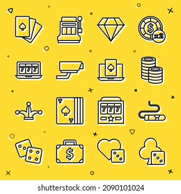 Set line Game dice, Cigar, Casino chips, Diamond, Security camera, Online slot machine with jackpot, Deck of playing cards and poker table game icon. Vector