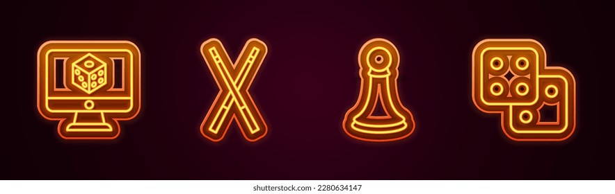 Set line Game dice, Crossed billiard cues, Chess pawn and . Glowing neon icon. Vector