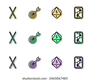 Set line Game dice, Crossed billiard cues, Classic dart board and arrow and Air hockey table icon. Vector