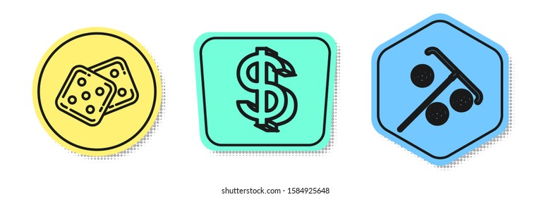 Set line Game dice, Dollar symbol and Stick for chips. Colored shapes. Vector