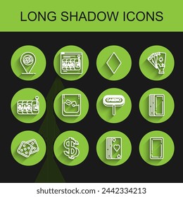 Set line Game dice, Dollar symbol, Casino location, Deck of playing cards, Playing back, Glass whiskey and cubes,  and signboard icon. Vector