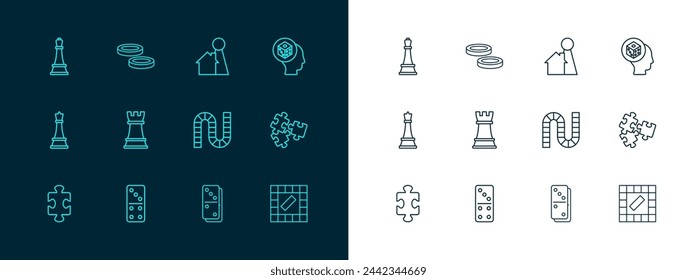 Set line Spiel Würfel, Domino, Brettspiel, Schach, Chip für Brett und Schachbrett-Chips-Symbol. Vektor