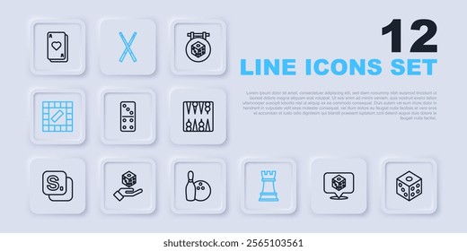 Set line Game dice, Domino, Chess, Board game, Crossed billiard cues and Bowling pin and ball icon. Vector